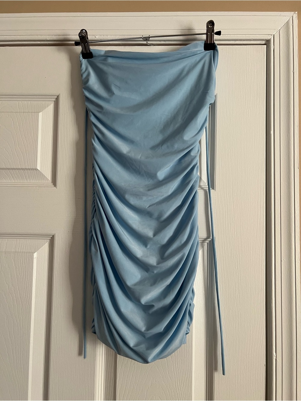 Sky Blue Ruched Mini Dress with Side Ties